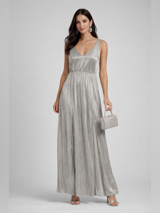 BCBGeneration Dresses & Skirts - BCBGeneration Silver Metallic Pleated Maxi Dress M V-Neck Sleeveless Shimmer